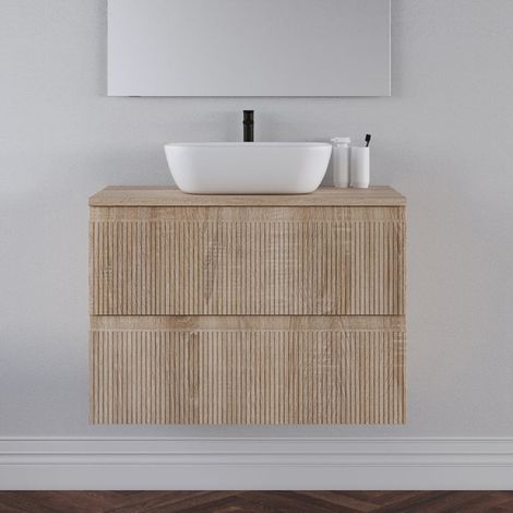 Meuble de salle de bain 80cm avec plateau et vasque à poser arrondie - sans miroir - 2 tiroirs - cambrian (chêne clair) - RIBERA (1/5)