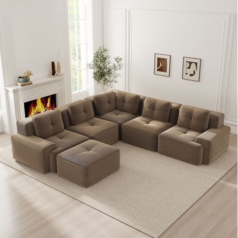 Canapé d’angle modulaire marron en velours côtelé, assise profonde et base antidérapante (1/5)