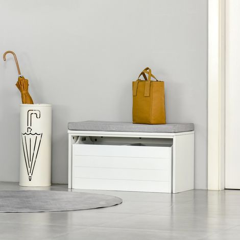 Banc de Rangement avec Coussin Gris - Meuble à Chaussures - Banc à Chaussures avec Grand tiroir Double Compartiment - MDF Blanc (1/5)
