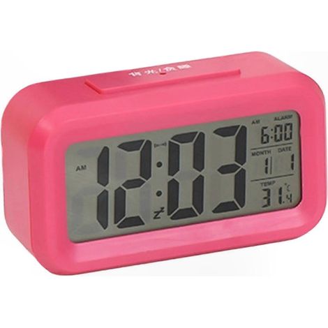Réveil en plastique blanc avec calendrier, affichage de la température, fonction snooze et veilleuse automatique  fonctionne sur piles  affichage numérique  rouge rose. (1/5)