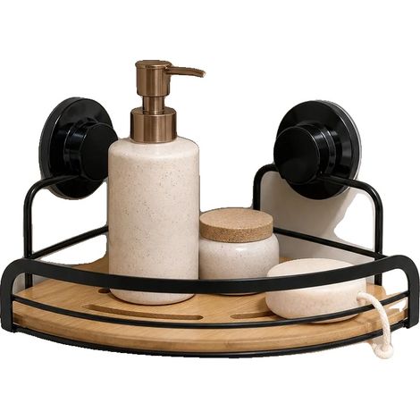 Étagère de Salle de Bain d'Angle, Ventouses à Haute Adhérence, Bambou Naturel, Noir 20X20X14Cm (1/2)