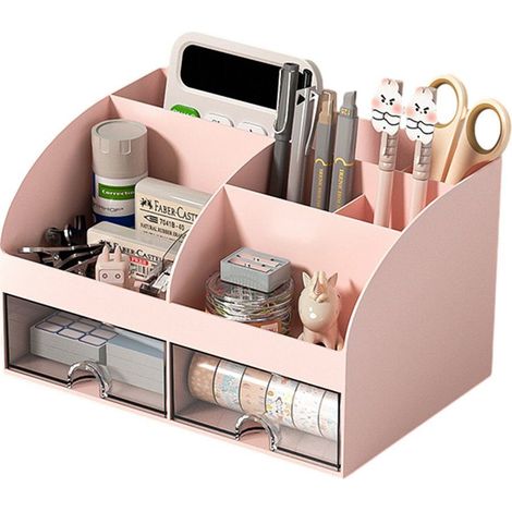 Sinbinta – Organisateur de bureau 6 compartiments – Rangement papeterie avec 2 tiroirs – Plastique léger et durable – Dimensions 21,1 x 14,2 x 12 cm (1/5)