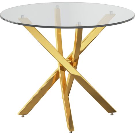 Table à manger ronde en verre trempé 80 x 80 x 75 cm avec pieds dorés (1/5)