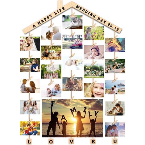 Cadre Photo Pêle Mêle Mural Cadre Photo Mural en Bois Porte Photos Pinces, avec Sticker pour Personnalisation (Bois, 63CM  90CM) (1/5)