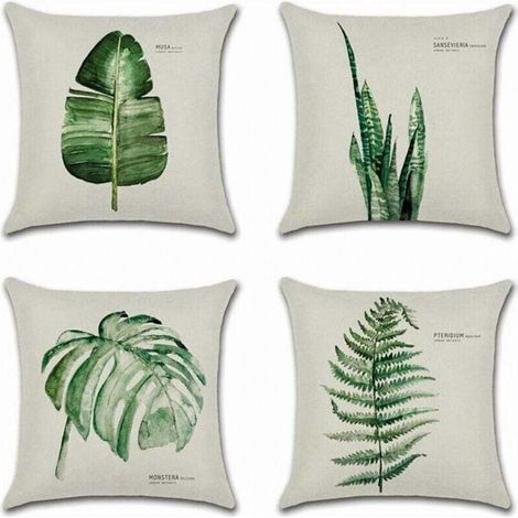 Set mit 4 Kissenbezügen 45x45cm Baumwoll-Leinen-Dekorations-Autokissenbezug Sofa-Heimkissenbezüge (einfaches grünes Blatt) (1/4)
