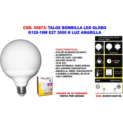 talox bombilla led globo g120-18w g120e2718w 3000 k luz amarilla