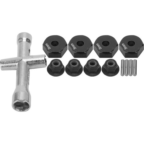 Roue de 12 mm, adaptateur hexagonal de 5 mm d'épaisseur, clé croisée M4, jeu d'écrous antidérapants pour voiture 1/10 RC (noir) (1/5)