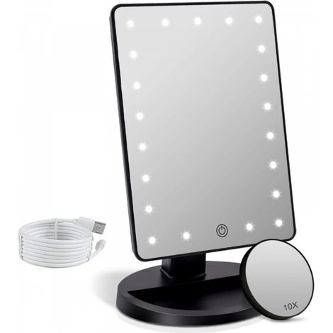 Miroir de maquillage avec éclairage LED grossissant 1X/10X, miroir de maquillage de table éclairé, rotation à 180°, luminosité réglable, miroir de courtoisie portable (noir) (1/5)