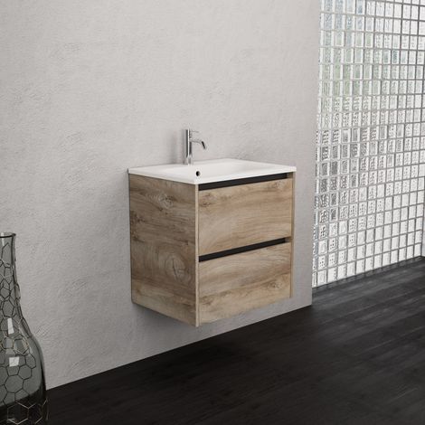 Inda - Badezimmerschrank 2 Schubladen B.60 mit mattiertem Waschbecken / Natureiche - Smeraldo (1/5)