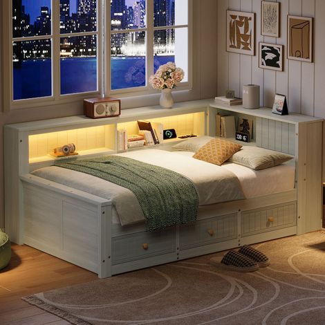 Lit adulte rangement 90x200 bois gris tiroirs LED design OKMYHOME (1/5)