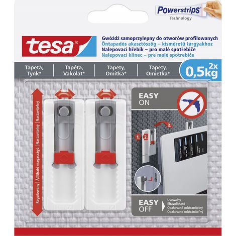 Clou à crochet auto-adhésif TESA réglable jusqu'à 0,5 kg pour l'électronique (2 pièces)