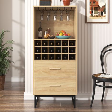Vetrina con ripiani in vetro e 18 scomparti, 2 cassetti, elegante cantinetta per vini, cornice nera - per collezionisti di vini - Naturale (1/5)