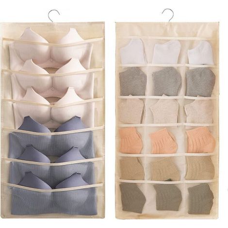 Hängender Organizer – 30 Hängetaschen für Kleiderschrank, BHs, Unterwäsche, Socken, Krawatten, großer wandmontierter Kleiderorganizer, platzsparend, doppelseitig (24 weiße Reis) (1/5)