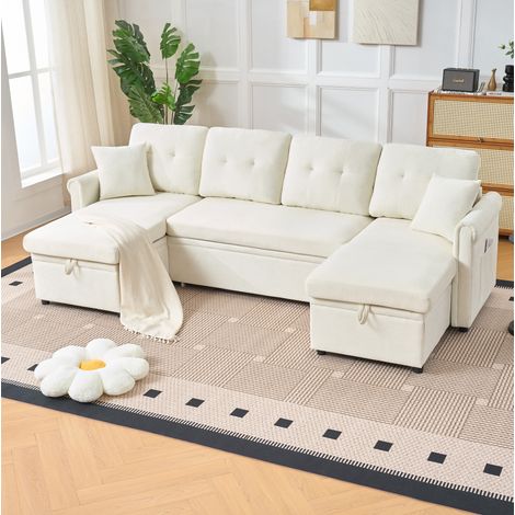 Canapé d'angle convertible U 266 x 130 x 85 cm avec coffre de rangement, chenille beige HAVRYA (1/5)