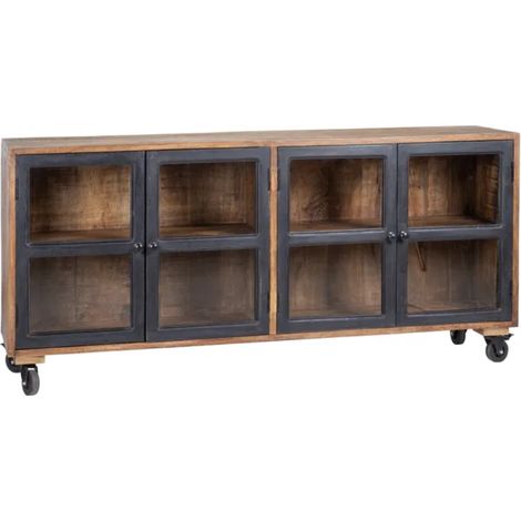 Buffet 160 cm noir naturel en bois de manguier avec portes vitrées sur roulettes AMBIANCE