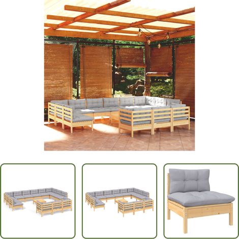 Holz-Lounge - 14-tlg. Garten-Lounge-Set mit Grauen Kissen Kiefernholz (1/5)