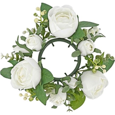 Couronne artificielle de roses et de verdure, porte-bougie pilier décoratif pour porte ou centre de table de salon-White (1/5)