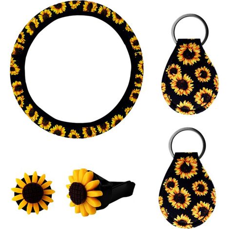 Juego de 5 accesorios para coche con diseño de girasoles, que incluye una funda para el volante con diseño de girasoles, 2 llaveros y 2 deflectores de viento. (1/5)
