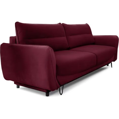 Canapé droit convertible velours ZURIK - Coffre de rangement et pieds métal noir-Bordeaux (1/5)