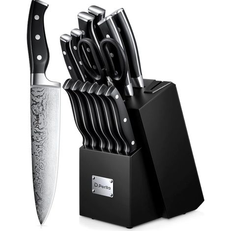 Couteau Cuisine, Bloc de Couteaux avec Affûteur Intégré, Bloc de Bois Noir, Couteaux Ciseaux, Acier Inoxydable, Manche Noir (1/5)