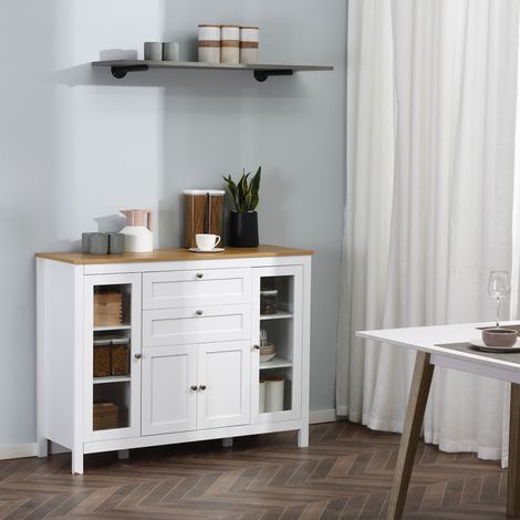 Aparador de Cocina con Armario 2 Cajones 2 Puertas de Vidrio y Estantes Ajustables Muebles Auxiliar de Almacenaje para Comedor Salón 120x40x90 cm Blanco (1/5)