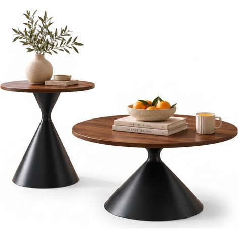 ELVMI Satztische 2-teilig mit Melaminplatten und Konischen Metallgestellen für Wohnzimmer, Nussbaumoptik Schwarz (1/5)