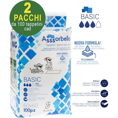 200 Asssorbello Basic 60x60 cm tapis hygiéniques pour chiens - 2 paquets de 100 pièces chacun (1/2)