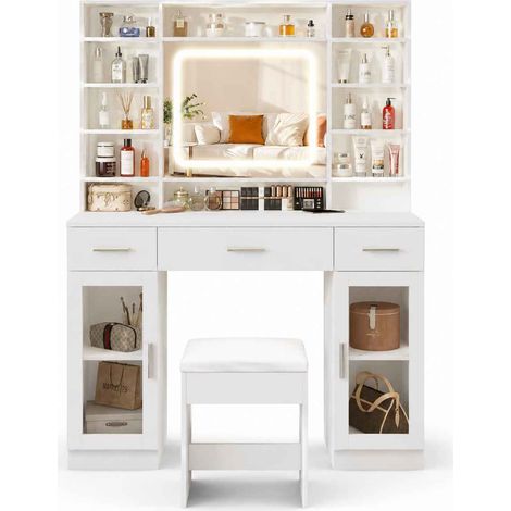 Coiffeuse avec miroir LED, tabouret, 3 tiroirs, 2 portes vitrées et USB, blanc (1/5)