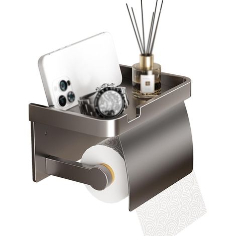 Porte-papier toilette mural avec support pour téléphone portable, panneau étanche, rangement de salle de bain multifonctionnel en alliage d'aluminium (noir) (1/5)