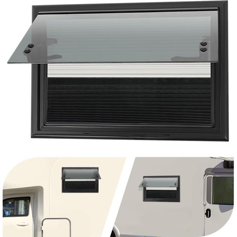 Finestra per camper, 500 x 350 mm, Finestra a ribalta - Chiusura con cerniera, Finestra esterna con apertura a spinta, zanzariera e oscurante integrati, Zanzariera laterale per furgoni e camper