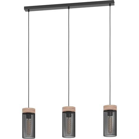 EGLO Hängelampe Klinsdale, Pendelleuchte Esstisch 3-flammig, Industrial Esszimmerlampe aus Holz in Nussbaum und Metall in Schwarz, Gitter Hängeleuchte mit E27 Fassung
