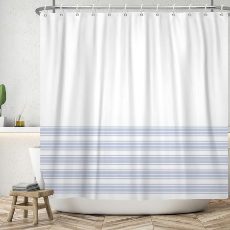 180x243cm Rideau de Douche Style bohème rétro Chic Minimalisme Moderne Rideau de Bain Rayé Bleu Campagne Farmhouse Classique Esthétique Rideau de Bain Décor Salle de Bain avec Crochets (1/4)