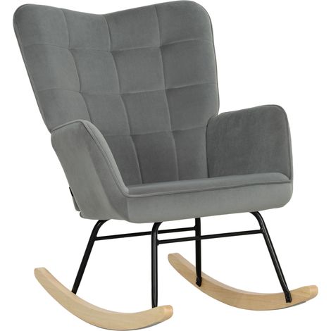 Chaise à bascule en velours gris foncé avec accoudoirs, dossier capitonné, base en bois et structure métal, fauteuil relax pour salon, chambre et coin lecture - CHICFURN (1/5)