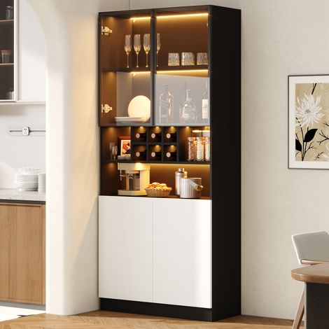 Vitrine en Verre LED, Armoire Haute de Cuisine 80x30x180 cm, Buffet Blanc et Noir avec Étagères Ouvertes et Porte-Bouteilles pour Salon (1/5)