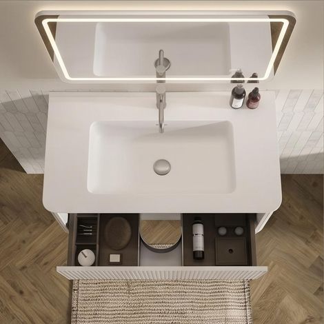 Set meuble vasque suspendu 80cm, lavabo céramique, meuble latéral inclus, blanc, salle bain design, rangement complet et spacieux (1/5)