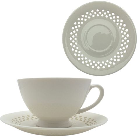 TAZA DE CER脕MICA BLANCA 260ml CON PLATO CALADO PARA CAF脡 Y T脡 (1/5)