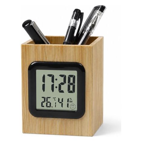Réveil multifonction en bambou avec porte-stylos, horloge numérique avec thermomètre et hygromètre, organisateur de bureau pour étudiants, aspect bois (1/5)