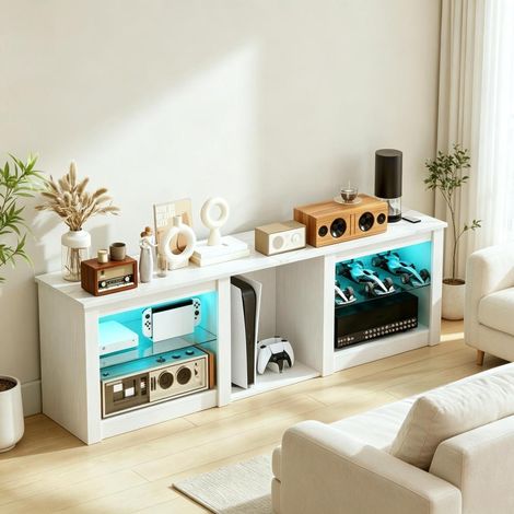Meuble TV LED 160 cm Blanc Effet Marbre pour TV jusqu'à 70 Pouces avec Télécommande et Étagères en Verre (1/5)