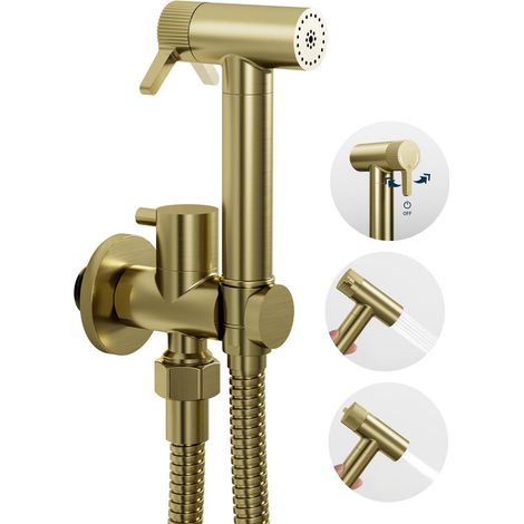 Douchette wc,Sortie d'eau à double mode,Pas besoin d'appuyer sur l'eau,Or brossé Douchette WC Multifonction,avec Support et 1.2m Tuyau,Pour Hygiène Intime,Nettoyage de salle de bain (1/5)