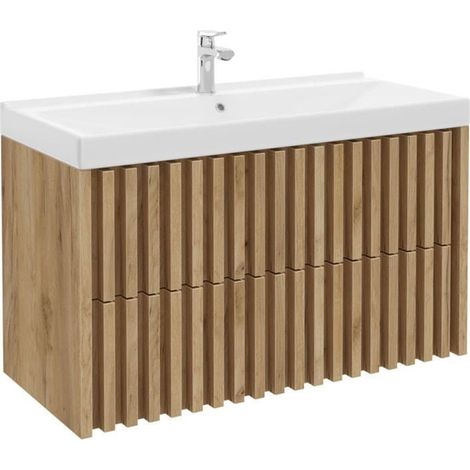 Swiss Aqua Technologies – Meuble de salle de bain suspendu 100 cm – Lavabo céramique blanc – Chêne mat – DELANO100ZDUM