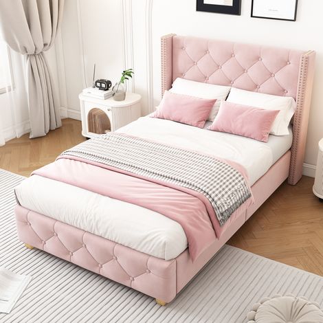 Bett modern 90x190 cm, Polsterbett aus Samt in Rosa mit Flügelkopfteil, Knopfheftung und Lattenrost (1/5)