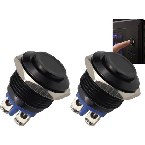 Lot de 2 Boutons Poussoirs 12V Momentané Étanche Métal 16mm, Interrupteur Poussoir Antirouille avec Raccord à Vis, Montage Facile, Pour Voiture Moto Bateau Bricolage Électronique,Noir (1/5)