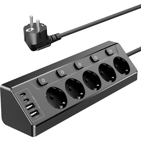 Prise d'angle de cuisine 5 en 1 - avec ports USB-C et USB-A, câble noir de 2 mètres, convient aux cuisines et aux bureaux (noir). (1/5)