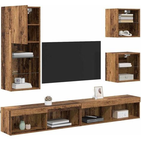 Meuble TV Mural 5 Pièces Style Rétro avec Éclairage LED Intégré, Console de Salon en Bois Effet Grain, Dimensions 100 x 30 x 30 cm (1/5)