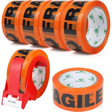 FRAGILE Orange 66m x 48mm Safety Packing Tape - 6 Rolls with Dispenser Strong Adhesive for Parcel, Warehouse, E-Commerce (1/5)