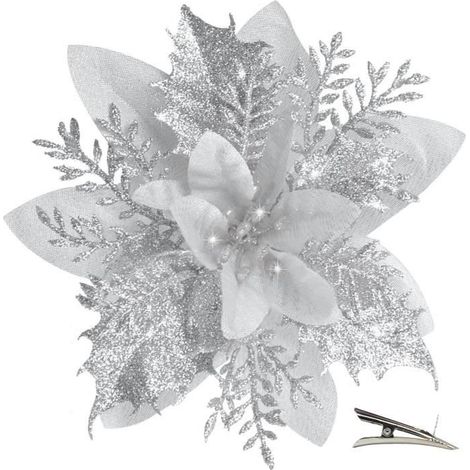 Fleur de Noël - 20 Pièces - Argent - Artificielles - Avec Clip (1/4)