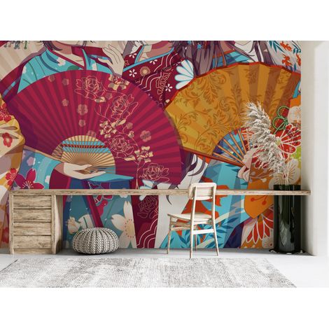 Papier peint nature - éventails japonais traditionnels colorés - 500 x 270 cm (1/2)