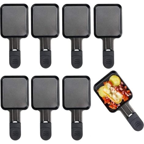 Coupelle Raclette Poêlon Raclette Grill Accessoires Antiadhésif Avec Poignée Isolée de Couleur, 8 Pcs, 18x8x1.5cm, Acier Inoxydable, Noir (1/5)