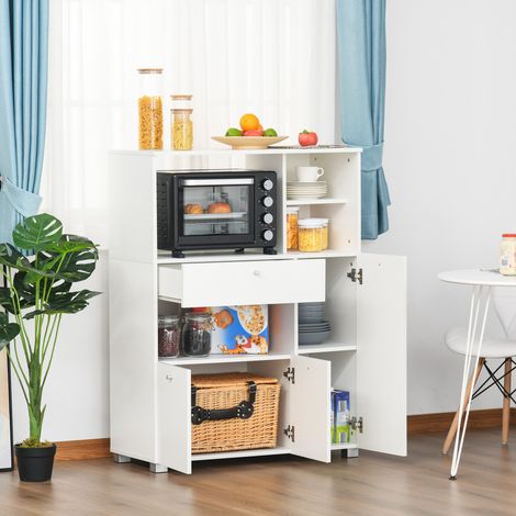 Buffet de cuisine blanc moderne 90x40x120 cm, meuble pour micro-onde et four avec tiroir, étagères et armoires, rangement en panneaux de particules pour salon. (1/5)