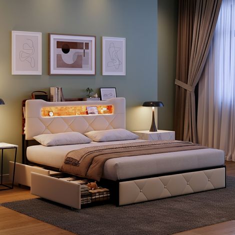 Lit 140x200 avec rangement et sommier, lit double capitonné avec éclairage LED et port USB, 4 tiroir, lits 2 place moderne pour adultes et adolescents, velours, beige (1/5)